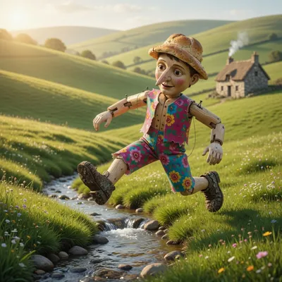 A wooden puppet leaps over a brook in sunny green fields, running toward a distant cottage.