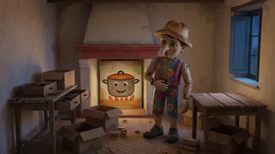 A wooden puppet clutches his stomach staring at a painted pot on the wall of a poor cottage room.