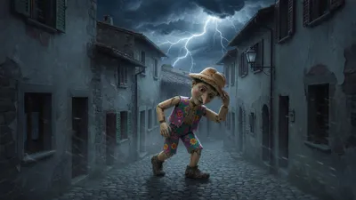 A wooden puppet hurries down a dark, empty village street on a stormy night lit by lightning.