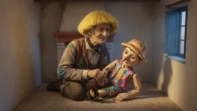 An old man in a yellow wig kneels tenderly beside a footless wooden puppet in a poor cottage.
