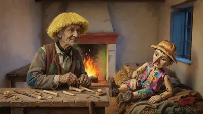 An old man in a yellow wig carves small wooden feet while a wooden puppet watches from a bed.