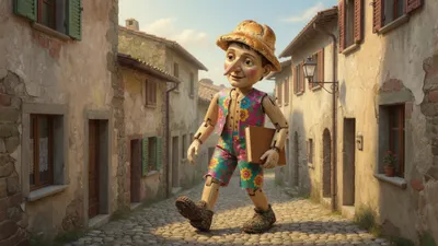 A wooden puppet walks a sunny road toward school carrying a book, daydreaming happily.