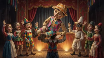 Colorful marionettes lift a wooden puppet onto their shoulders on a brightly lit theater stage.