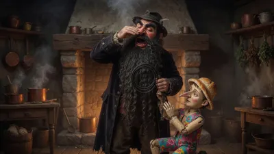 A giant bearded puppet-master sneezes while a small wooden puppet kneels with pleading hands.