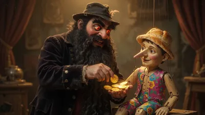 A giant bearded man places five gold coins into the hands of a happy wooden puppet.