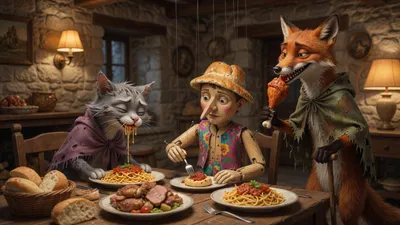 A fox and a gray cat feast at a candlelit inn table while a wooden puppet picks at a tiny plate.