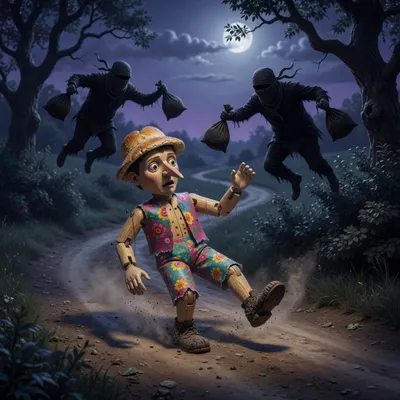 Two figures in black sacks leap from bushes toward a startled wooden puppet on a moonlit road.