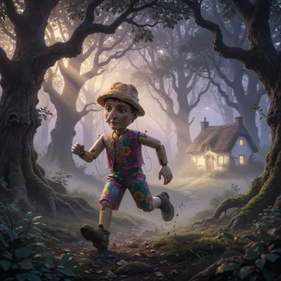 A wooden puppet runs through a misty dawn forest toward a small white cottage among the trees.