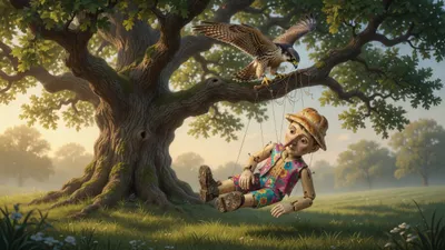 A large falcon snips a rope to lower a wooden puppet from a high oak branch at dawn.