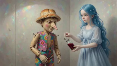 A blue-haired girl offers medicine to a wooden puppet who turns away with a sour face.