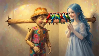 Woodpeckers peck at a wooden puppet's long nose while a blue-haired girl watches kindly.