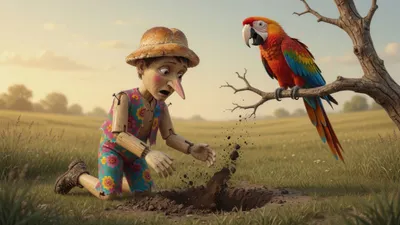 A wooden puppet digs in an empty field while a colorful parrot laughs from a bare branch above.