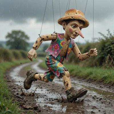 A mud-splashed wooden puppet runs eagerly along a muddy country road after rain.