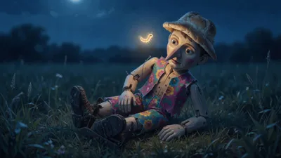 A trapped wooden puppet looks up at a softly glowing glowworm in a dark field at night.