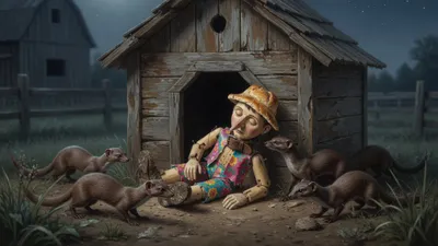 Four weasels creep toward a doghouse where a wooden puppet peeks out in a moonlit farmyard.