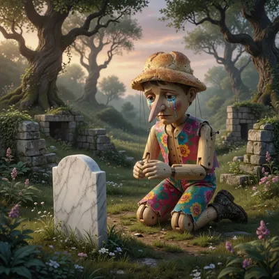 A wooden puppet kneels weeping before a small white marble gravestone in a quiet clearing.
