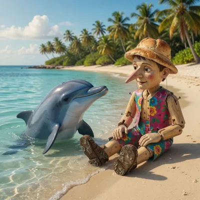 A wooden puppet sits on a sunny beach talking to a friendly dolphin rising from clear water.