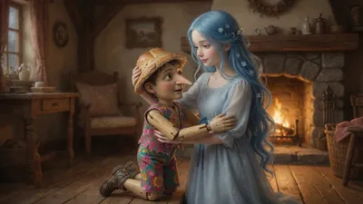 A woman with long turquoise-blue hair speaks warmly with a wooden puppet in a cozy cottage room.