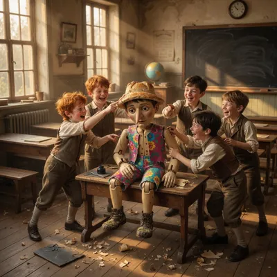 Schoolboys laugh and tug at a wooden puppet seated at a desk in an old-fashioned classroom.