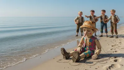 Grinning boys tease a cross wooden puppet by a calm, empty sea.