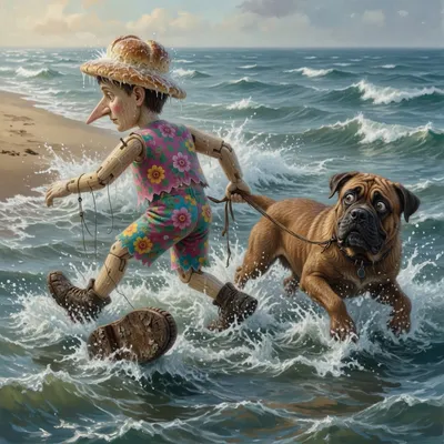 A wooden puppet tows a big frightened dog by the tail through choppy sea water toward shore.