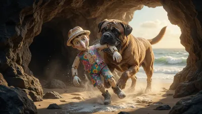 A big dog carries a flour-covered wooden puppet in its mouth, dashing out of a cave into daylight.