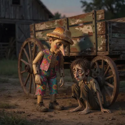 A wooden puppet finds a thin, droopy-faced boy crouching by a wooden farm wagon at dusk.