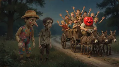 A wagon of cheering boys pulled by booted donkeys and a fat smiling driver stops by a wooden puppet at night.