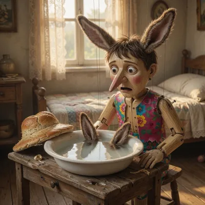 A wooden puppet with new long donkey ears stares in shock into a basin of water in a bedroom.