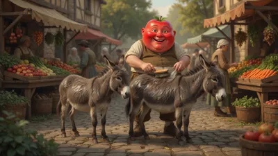A fat smiling man grooms two small gray donkeys with a currycomb in a market square.