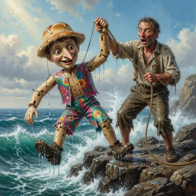 A startled man on a cliff hauls up a live grinning wooden puppet from the sea on a rope.