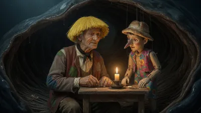 A wooden puppet finds a white-haired old man at a candlelit table in the dark belly of a sea creature.