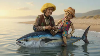 A large tuna fish carries a wooden puppet and an old man on its back toward a beach at dawn.