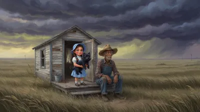 A wide gray prairie under a darkening sky, with a small one-room farmhouse. A braided girl in a blue-and-white checked dress holds a tiny black dog in the doorway while a gaunt farmer on the step looks anxiously at the clouds.