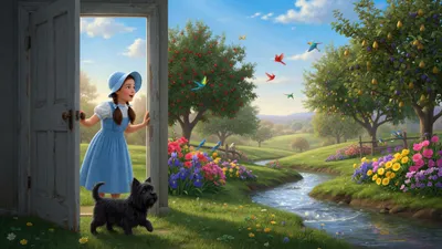 A braided girl in a blue-and-white checked dress stands in a farmhouse doorway with a tiny black dog, staring at a bright land of green lawns, fruit trees, flowers, and a brook.