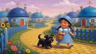 A braided girl in a blue-and-white gingham dress, pink sunbonnet, and shining silver shoes walks a yellow-brick road past blue fences and round blue houses, carrying a basket, with a tiny black dog trotting behind.