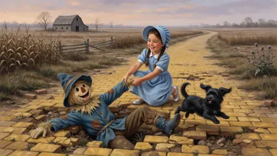 A rough yellow-brick road with missing bricks and holes, a straw man in a blue suit fallen full length, a braided girl in gingham and silver shoes reaching to help him, and a tiny black dog jumping a gap.