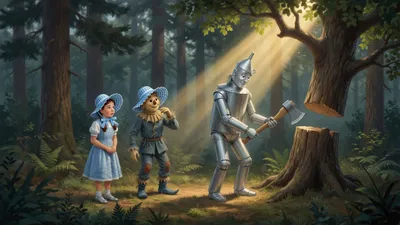 A forest scene with a man made entirely of shiny tin standing motionless beside a half-chopped tree, axe raised, while a braided girl in gingham and a straw man in blue stare in surprise.