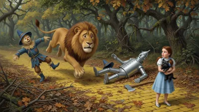 A large tawny lion with a full mane bounds onto a leaf-strewn yellow-brick road in a thick forest, a straw man tumbling aside, a tin man falling, a braided girl clutching a tiny black dog.