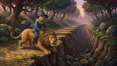 A huge tawny lion crouched at the edge of a wide rocky ditch in a forest, a straw man in a blue suit and pointed hat sitting on his back, yellow bricks ending at the gulf.