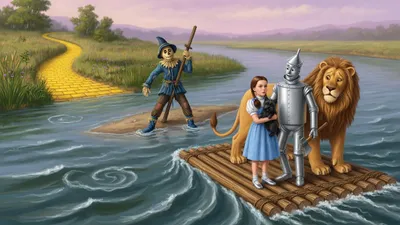 Mid-river on a log raft, a tin man, a braided girl holding a small dog, and a huge lion look back at a straw man in a blue suit clinging to a pole in the current, the yellow road far upstream.