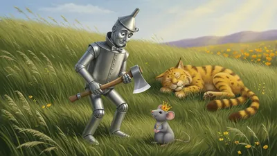A wide meadow scene of a shiny tin woodcutter with a funnel cap and axe standing protectively as a yellow wildcat lunges past, while a tiny crowned gray mouse looks up at him.