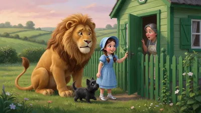 A wide green countryside with green fences and a small green farmhouse; a girl in gingham and silver shoes knocks while a huge golden lion sits meekly behind her and a woman peeks through a barely opened door.