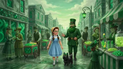 A wide green marble city street with emerald-studded pavement, green shops, men pushing little green carts, and a girl in silver shoes and green glasses walking with a tiny black dog.