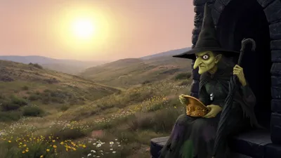 A wide yellow-western landscape of rough hills and wildflowers, with a dark castle in the distance and a gaunt one-eyed old woman in a black hat and cloak sitting in the doorway holding an umbrella and a silver whistle.