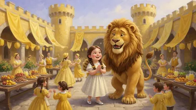 A wide yellow castle courtyard full of short yellow-clothed people dancing and feasting, with a girl in silver shoes and a great golden lion standing among them.