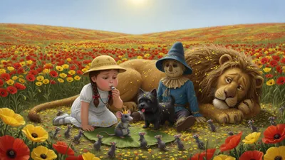 A wide field of yellow flowers under a noonday sky, a tired girl in silver shoes blowing a tiny whistle, a scarecrow and lion sitting down, and a crowned gray mouse arriving with many tiny mice.