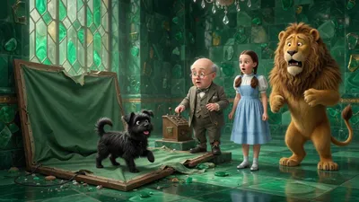 A wide empty emerald throne room, a fallen green screen, a tiny black dog jumping aside from a roaring lion, and a small plump bald man in a rumpled grey suit looking as surprised as the girl in silver shoes.