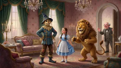A wide palace room where a straw man in a blue suit has a bulging sack head with pins sticking out, a girl in silver shoes looking curious, a lion looking amused, and a little bald man in a grey suit in the doorway.