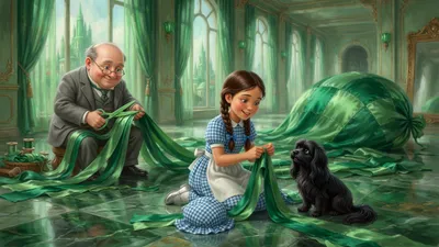 A small bald old man in a rumpled grey suit and a braided girl in a checked dress sew long strips of light, dark, and emerald green silk into a giant balloon bag on a palace floor, a tiny black dog watching.